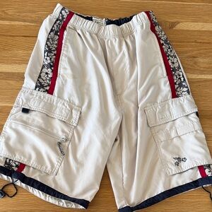 Plugg Mens Cream Cargo Shorts with Navy Floral & Red Trim Surfer Style Y2K